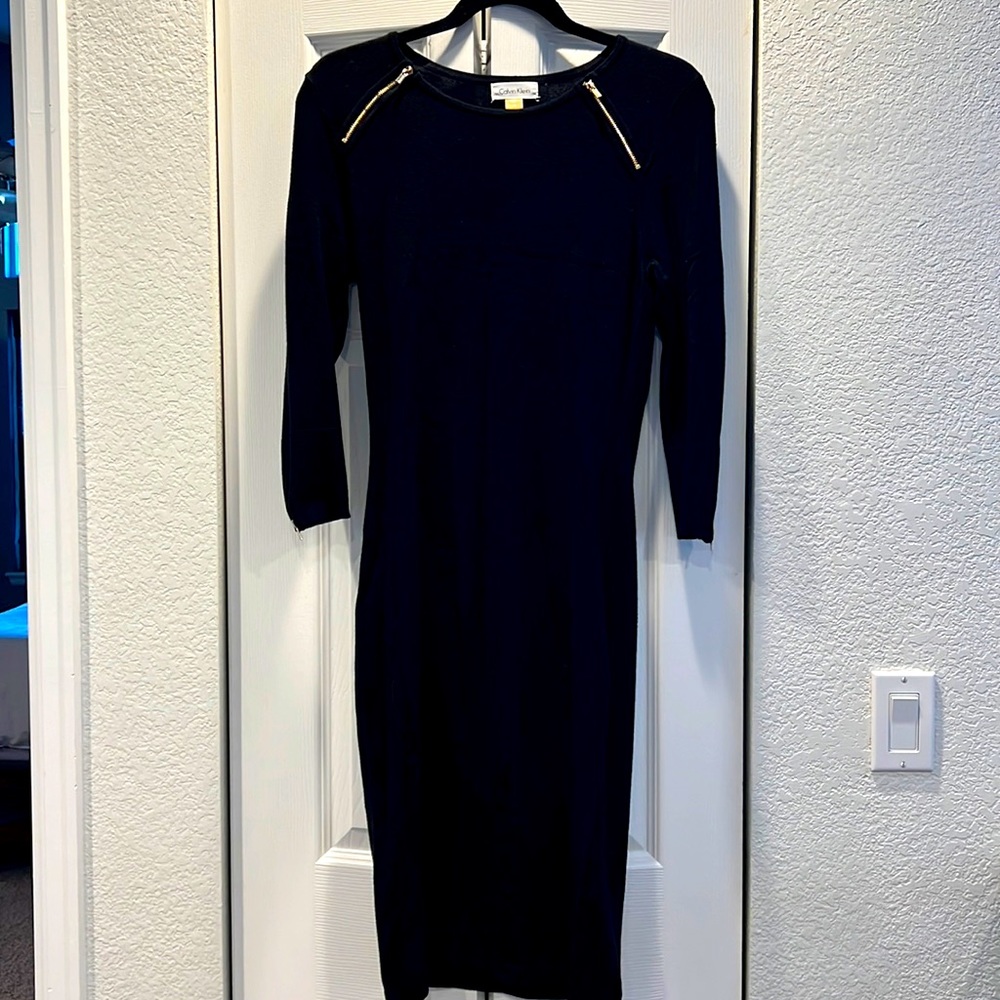 Calvin Klein black midi dress with gold zipper detail